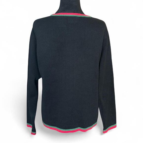 Basic Editions vintage Holiday Black Plaid Gift Embroidered Cardigan Sweater L - Picture 5 of 8